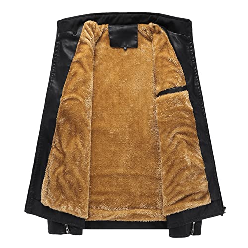 A férfiak Vintage Állni Gallér bőrkabát Műbőr Fleece Bélelt Motoros Kabát Könnyű PU Zip Fel Outwear (Fekete 2,Közepes)