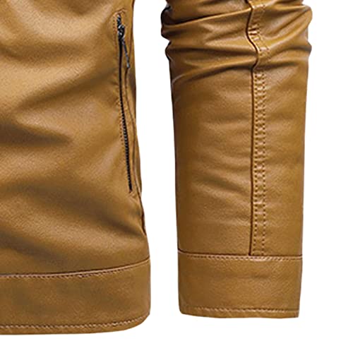 A férfiak Vintage Állni Gallér bőrkabát Műbőr Fleece Bélelt Motoros Kabát Könnyű PU Zip Fel Outwear (Sárga, 1,Közepes)