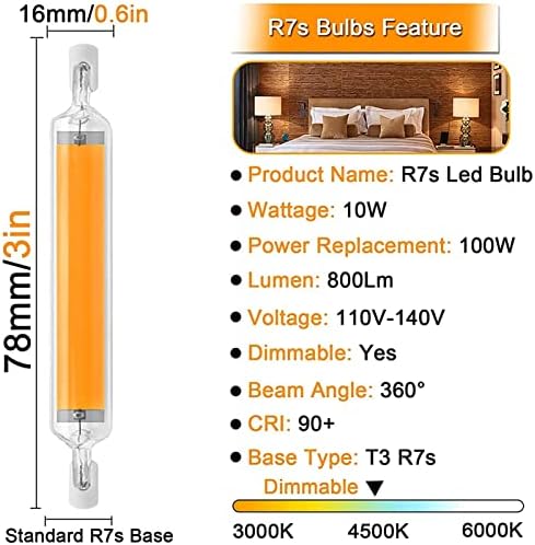 78mm 10W R7s LED Izzók, 100W Egyenértékű Halogén Csere Fény, Szabályozható R7s Kettős Végű Izzók, J-Típusú T3 Bázis, 120V, 360° -