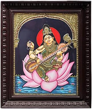 Egzotikus Indiai Istennő Saraswati Ül a Lotus Tanjore Festmény | Hagyományos Színek, 24 karátos Arany | Tíkfa Fra