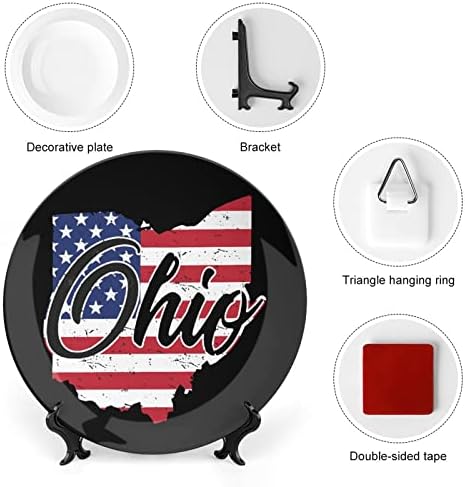 Amerikai Zászló Ohio Vicces porcelán Díszítő Tányér Kerek Kerámia lapok Kézműves Display Állvány Home Office Fali Dekoráció