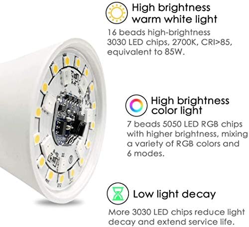 Yangcsl LED Izzók 85W Egyenértékű 1200lm, RGB Szín Változó Izzó, 6 Hangulatok - Memória - Fordította - Szabályozható, 19 E26 Csavar