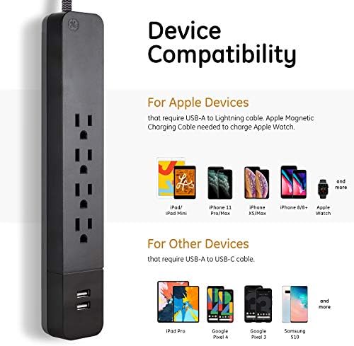 GE UltraPro 4 Outlet 2 USB túlfeszültségvédő, 3 ft Tervező Fonott Hosszabbító Kábel, Lapos Csatlakozó, Kompatibilis w/ iPhone 12/11/Pro/Max/Xs/XR/X/8,