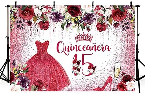 ABLIN 8x6ft Boldog 15 Szülinapi Hátteret Lány Quinceanerán Burgundi Vörös Virágok Fotózás Háttér Vörös Korona Hercegnő Szülinapi