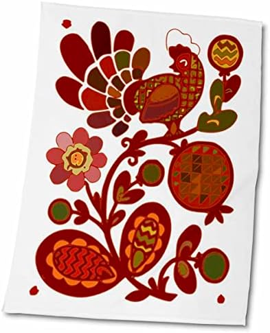 3dRose népművészet Vörös Kakas n Virágos Törölközőt, 15 x 22, Fehér