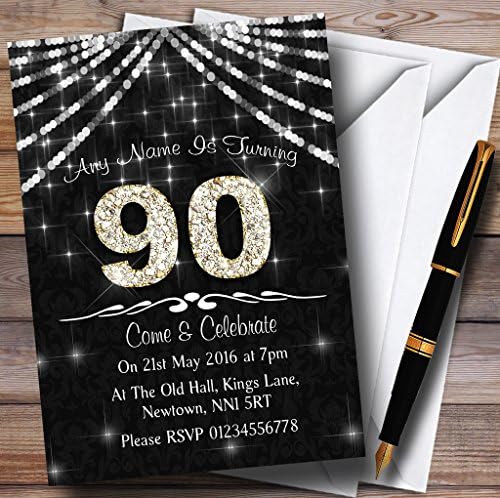90. Charcoal Grey & Fehér Bling Szikra, Szülinapi Parti Személyre szóló Meghívók