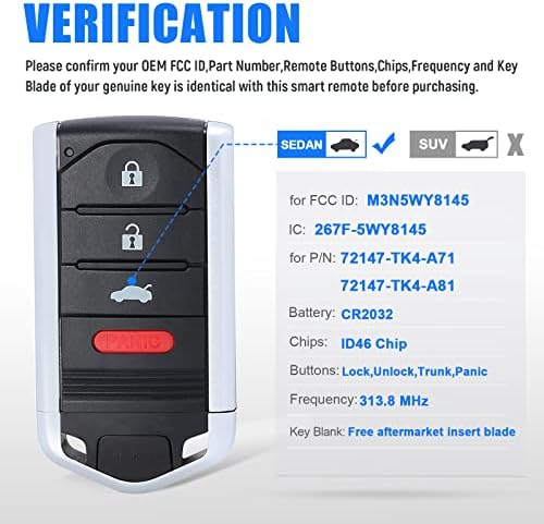 Keymall Autós kulcstartó Kulcs nélküli Bejegyzés Távirányító Acura TL 2009 2010 2011 2012 2013 2014(FCC ID:M3N5WY8145 P/N:267F-5WY8145) 4 Gomb