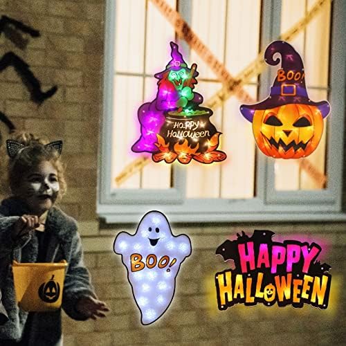 LAMPHOME 4 Pack LED Égő Szellem,Boldog Halloween-t,Boszorkány,töklámpás a Halloween Ablak Sziluett Dekoráció Kivilágított Ablak Dekoráció