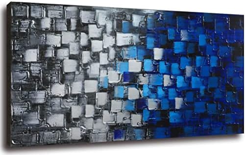Nagy Mintás Absztrakt Terek Vászon Wall Art Kézzel készített Kék, Ezüst olajfestmény Kép Bekeretezett Kész Lógni lakberendezési