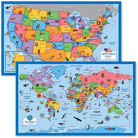 2 Csomag Világ & USA Térkép Gyerekeknek [Illusztrált] - 2 Poszter Set (Laminált, 18 x 29)