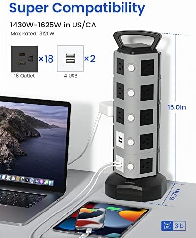 SUPERDANNY túlfeszültségvédő elosztó Torony 3000W 13A 18 Outlet & 4.2 4 USB Port 6.5 ft Hosszabbító Kábel Asztali Töltő Állomás 900