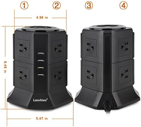 Lanshion 8 Outlet túlfeszültségvédő elosztó, 4 USB Töltő Port 1875W Asztali USB Töltő Állomás 6.5-Méter Hosszú hálózati Kábel, 1000 Joule,UL