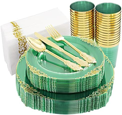 Hioasis 175pcs Világos Zöld Műanyag lemez&Eldobható Arany Műanyag Evőeszköz tartalmazzák a 25 Tányér 25 Desszert Tányér 25Knives 25Forks