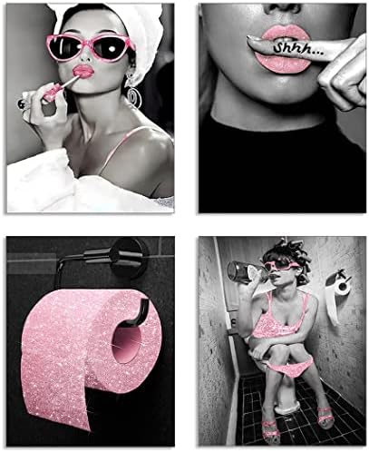 zaixko Fürdőszoba Decor Divat Női Vászon Nyomatok Rózsaszín Fal Dekoráció Fekete, Rózsaszín Képek Fürdőszoba Glam Wall Art a Vásznon Plakátok