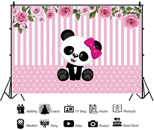DASHAN 7x5ft Panda Hátteret, Rózsaszín, Fehér Csíkos Rózsaszín Virágok Poliészter Fotózás Panda Fél Hátteret Kislány Zuhany