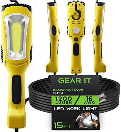 GearIT LED munkalámpa (15 láb) 1200 Lumen COB LED - 16 Gauge SJTW Beltéri/Kültéri NEMA 5-15R Hosszabbító Kábel - Kézi, Forgó Fogas,