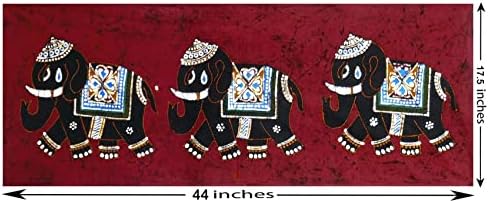 DollsofIndia Három Kitüntetett Elefánt - 17.5 x 44 cm - Multicolor Batik Festmény, ruha - Keretben (CL64)