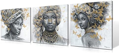 Az Amerikai bennszülött Nő Wall Art - Törzsi Cheif Afrikai Női Portré a Hagyományos Fejpánt & Fülbevaló, Arany Nyaklánc, Festmény Fekete