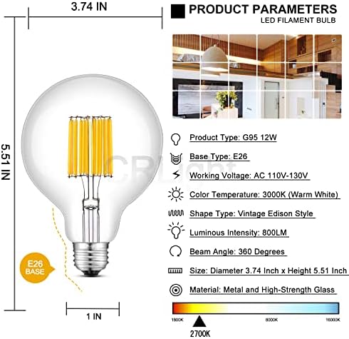 CRLight 12W Edison LED Gömb Izzó 100W, azaz 1000 Lumen, 3000K Puha, Fehér E26 Közepes Bázis, Vintage G30 / G95 Átlátszó Üveg Gömb LED Izzószálas