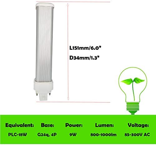 E-Simpo 2db 9W G24 LED Izzó Vízszintes Süllyesztett 6/151mm 800-1000lm CFL 2U PL-C 18W Egyenértékű 180 Fokos Sugár Pin-Bázis Retrofit LED Plug-in