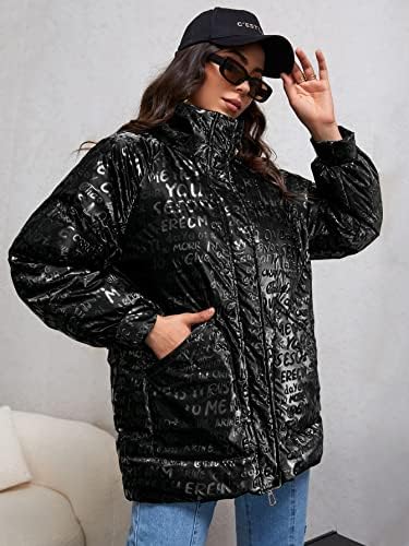 EDWOL Kabátok Női - Allover Levél Minta Zip Fel Puffer Kabát (Szín : Fekete, Méret : Kicsi)