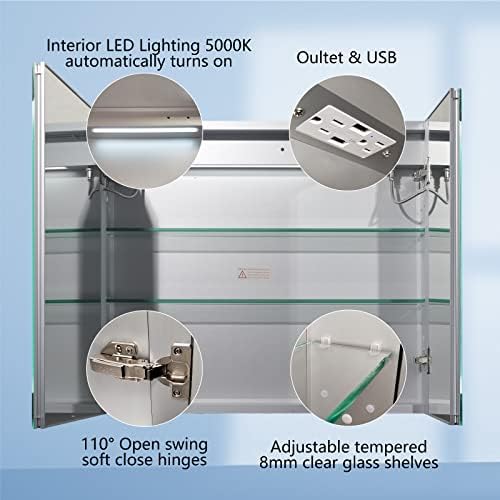 ExBrite LED Égő Fürdőszoba orvosságos Szekrény Tükörrel, 30 x 26 Inch, Süllyesztett vagy a Felszíni led gyógyszeres Szekrényben, Párátlanító,