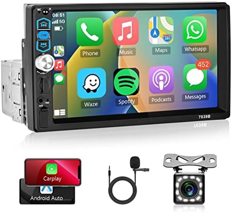 Autórádió Egységes Din autórádió Apple Carplay, Rimoody 7 Hüvelykes érintőképernyő autórádió, Bluetooth FM Rádió Tükör Link TF/USB/AUX Bemenet