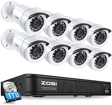 ZOSI H. 265+1080p Biztonsági Kamera Rendszer, 5MP-Lite 8CH CCTV DVR Felvevő Merevlemez, 1 tb-os, 8 x 1080p Bullet Kamera Időjárásálló