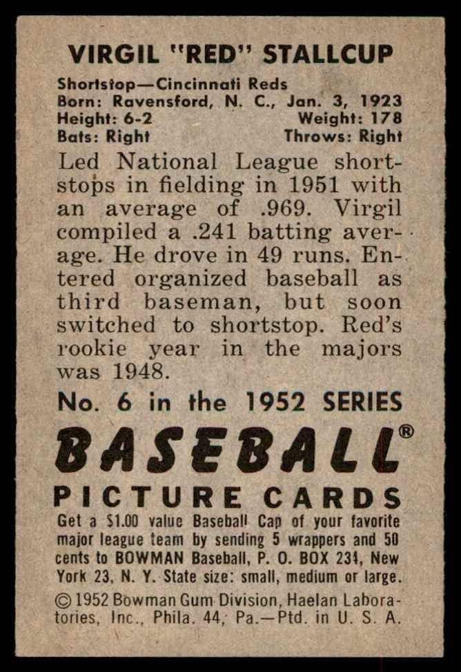 1952 Bowman 6 Virgil Stallcup Cincinnati Reds (Baseball Kártya) EX/MT Vörösök