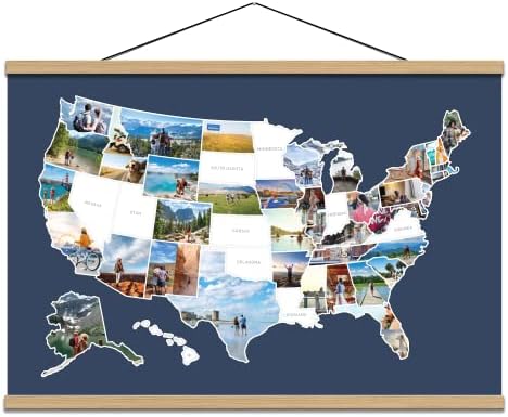 USA Fotó Térkép - Utazási Térkép Matrica Kollázs - 24 x 36 - Made in USA (Sötét Kék, Fenyő Fa Keret Akasztó)