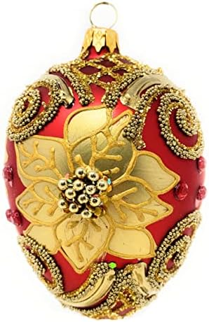 Lengyel Galéria Fabergé Tojás, 5 Hüvelykes Fújt Üveg Karácsonyfa Dísz, Arany Mikulásvirág