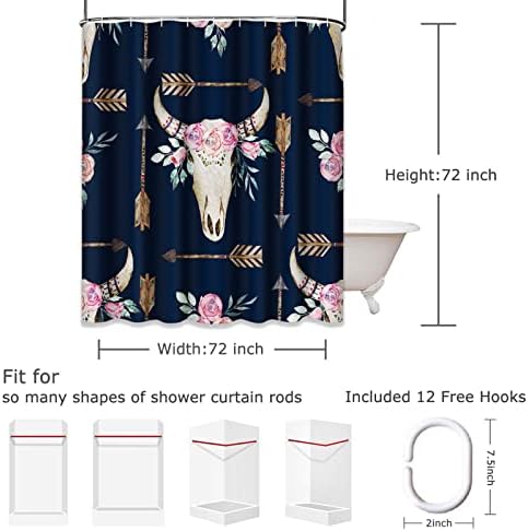 Emvency Dekoratív zuhanyfüggöny Koponya Akvarell Bohém Minta a Szarvas Agancsa Bohém Nyugati Etnikai Bull 66x72, Vízálló Fürdőszoba Horog