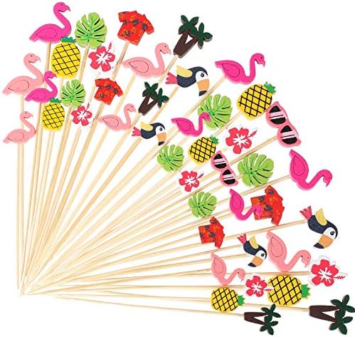 Hawaii Luau Válogatott Csákány Trópusi Koktél Bambusz Fogpiszkáló Flamingo Ananász Strand Tukán Palm Leaf Kézzel készített, előételnek Étel,