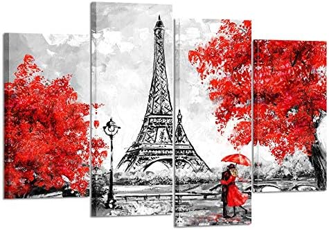 Kreative Arts 4 Panel Vászon Wall Art Fekete-Fehér-Piros Esernyő Pár Utcai Eiffel-Torony olajfestmény Nyomtatott Vászon Romantikus Kép