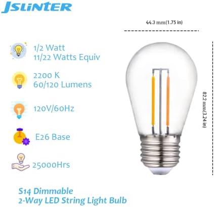 Jslinter S14 LED-es, 2-utas Szabályozható String Izzók, 1W/2W (11W/20W Egyenértékű), 60/120lm, 2200K Meleg Fehér, Törhetetlen, E26 Közepes