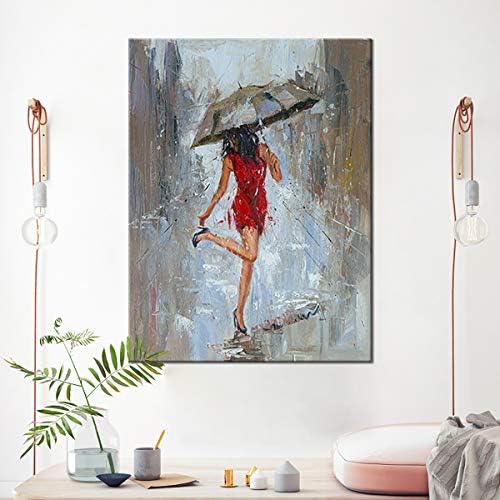 Absztrakt Wall Art Eső Modern Vászon Festmény Lány Esernyő Piros Ruha Séta Utca Ábra, Grafika