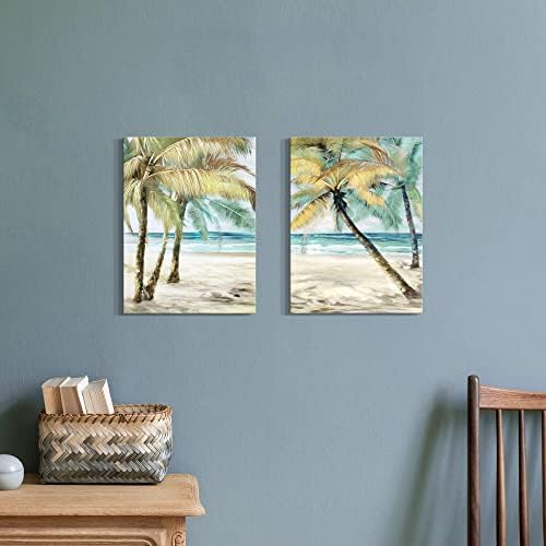 Trópusi Strand Vászon Festmény: a Modern 2 Db Seaside Palm Tree Wall Art Hullám Seascape Kép Pihentető Tengerparton Skyline Mű Elvont