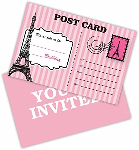 Pír Párizs Születésnapi Meghívók, Eiffel-Torony Kétoldalas Fill-In Meghívni Kártyák Szülinapi Buli，Fiúk, Lányok, Gyerekek,Tini,