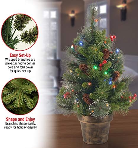 Nemzeti Fa Cég Előre Világít Mesterséges Mini karácsonyfa, Zöld, Crestwood Lucfenyő, Többszínű Fények, Díszített fenyőtoboz, Berry Klaszterek,