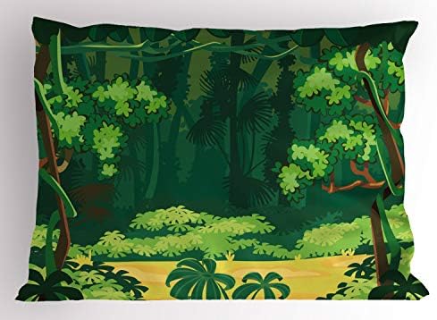 Ambesonne Dzsungel Levelek párnahuzatot, Rajzfilm Illusztráció, az Erdei Tisztáson, Egzotikus Táj Kerti Táj, Dekoratív Szabványos