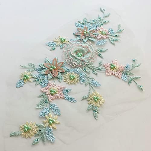 IXUEYU Csipke Anyagból, 3D Virágok Appliqués Gyöngyök Strassz Hímzés Varrni, Foltozni a DIY Esküvői Dekoráció Öltöztesd (Kék + Zöld)