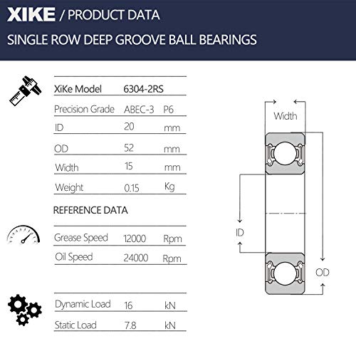 XiKe 2 Db 6304-2RS Kettős gumitömítés Csapágyak 20x52x15mm, Előre Síkosított, Stabil Teljesítmény, illetve a Költség-Hatékony, Mély
