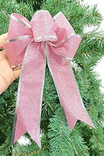 12db Luxus 8 Inch Rózsaszín Csillogó Mesterséges Karácsonyi Bowknot karácsonyfa Koszorú Dekoráció Ajándék Doboz, Csomagolás, Dísz