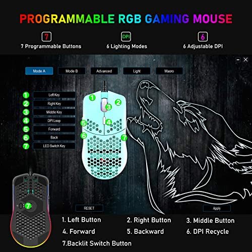 Vezetékes Gaming Egér, 6 RGB Világítás 6400 DPI Programozható USB Gaming Egerek, 6 gombokat, Méhsejt Shell Ergonomikus Kialakítás