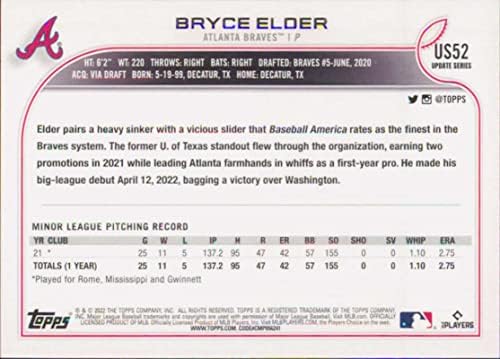 2022 Topps Frissítés US52 Bryce Elder NM-MT RC Újonc Atlanta Braves Baseball