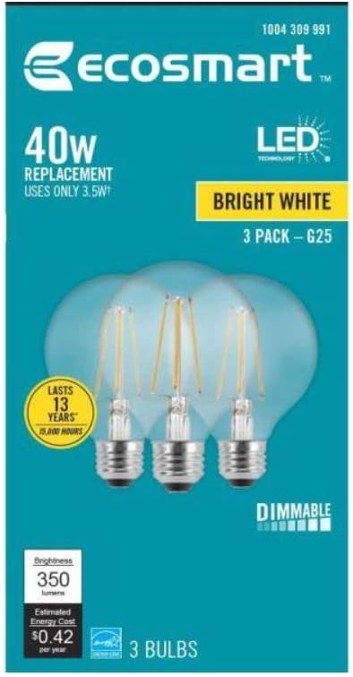 EcoSmart Izzók 40 Wattos Egyenértékű G25 Szabályozható Energy Star Egyértelműen üvegszál Vintage Edison LED Izzó, Fényes Fehér