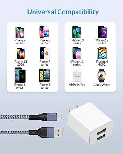 iPhone Töltő, [Apple Mpi Hitelesített] 2-Pack 10FT Hosszú Fonott Lightning Kábel-Gyors Töltés Kábel Dual Port USB Fali Töltő Blokk