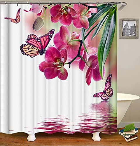 Shocur Természet, Táj, Zuhanyzó Függöny, Rózsaszín, Piros Orchidea Virág, s Butterfly Fantasy Zen-Tó Víz, 60 x 72 Inch Poliészter
