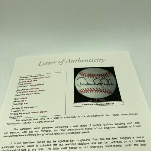 1996 Derek Jeter Újonc Aláírt Hivatalos Amerikai profi Baseball-Liga SZÖVETSÉG COA - Dedikált Baseball