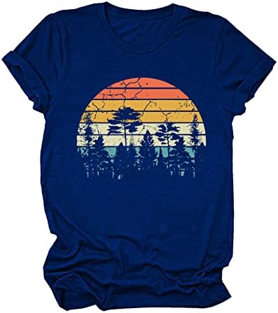 Női Alkalmi Vintage T-Shirt Nap Nyomtatás Kemping Stílusú Blúz Szilárd Színű, Kerek Nyakú, Rövid Ujjú Felső Tini Lányok